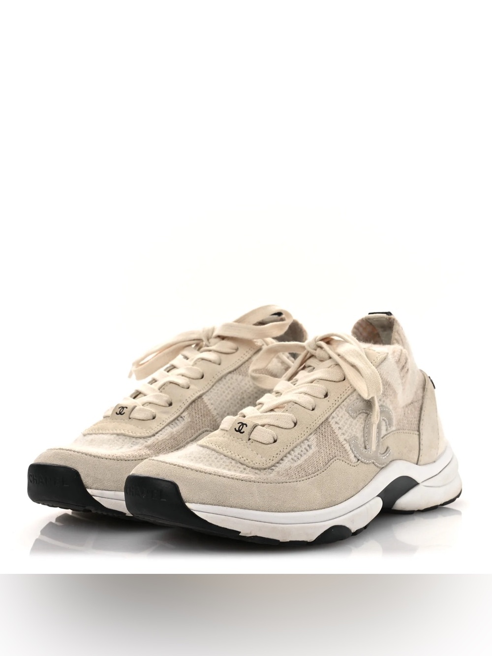 CHANEL Beige Knit & Suede Sneakers